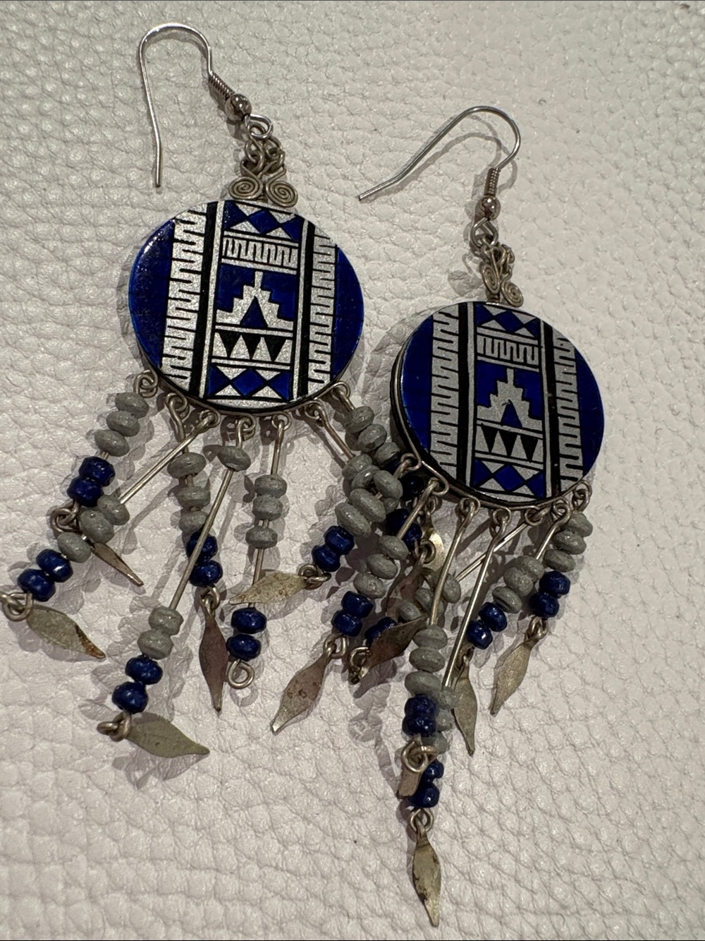 Handcrafted Blue Aztec Dangle Earrings Silver Metal drop pierced